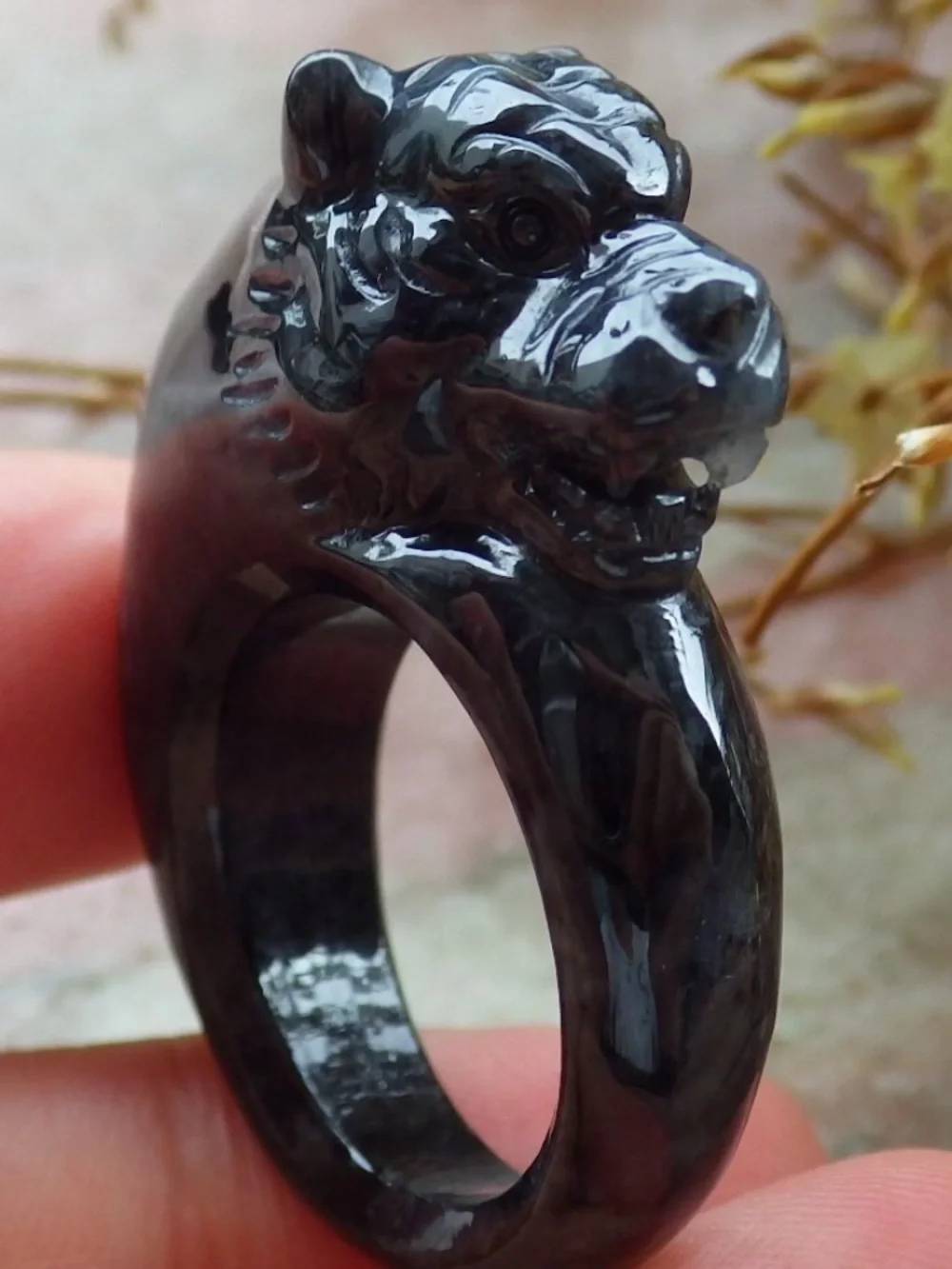 Certificate JADEITE Jade carved black Tiger luck good fortune ring size 7.75